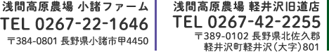 浅間高原農場 小諸ファーム TEL:0267-22-1646 〒384-0022 長野県小諸市甲4450 浅間高原農場 軽井沢旧道店 TEL:0267-42-2255 〒389-0102 長野県北佐久郡軽井沢町軽井沢（大字）801